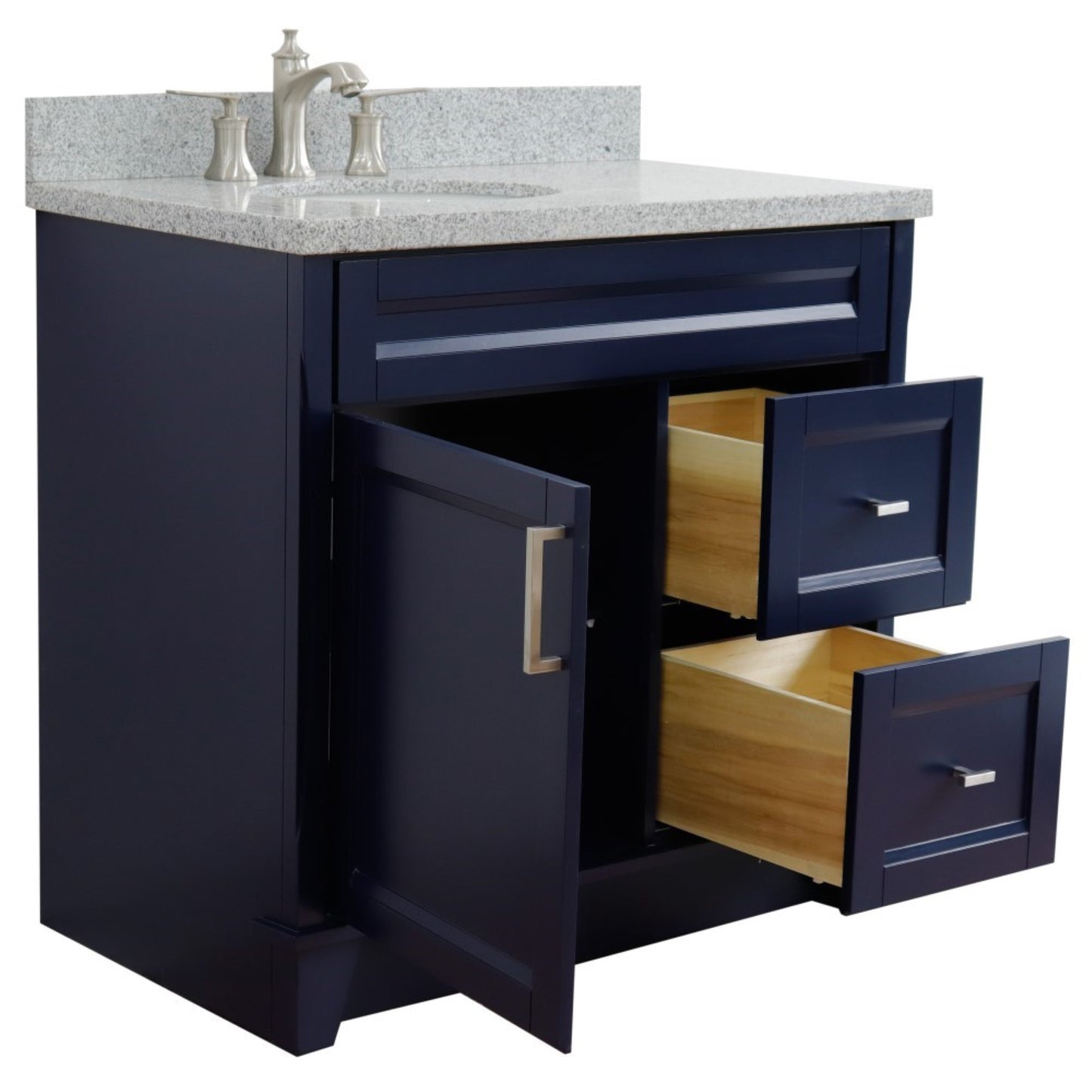 37" Single sink vanity in Blue finish with Gray granite and Left door/Left sink