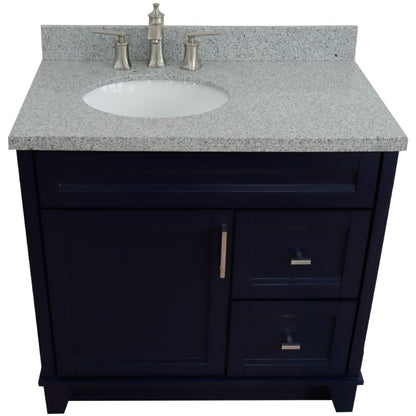 37" Single sink vanity in Blue finish with Gray granite and Left door/Left sink