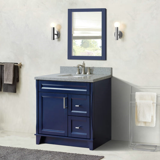 37" Single sink vanity in Blue finish with Gray granite and Left door/Center sink