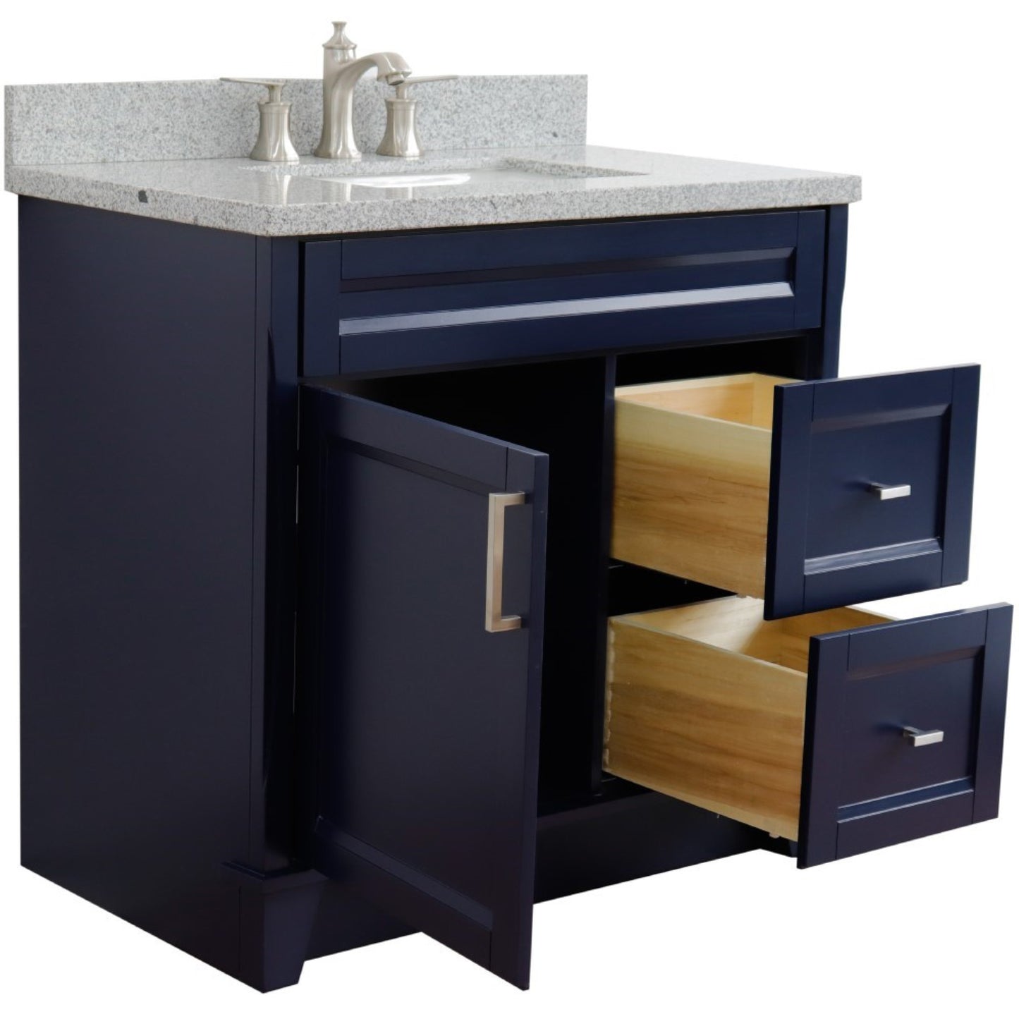 37" Single sink vanity in Blue finish with Gray granite and Left door/Center sink