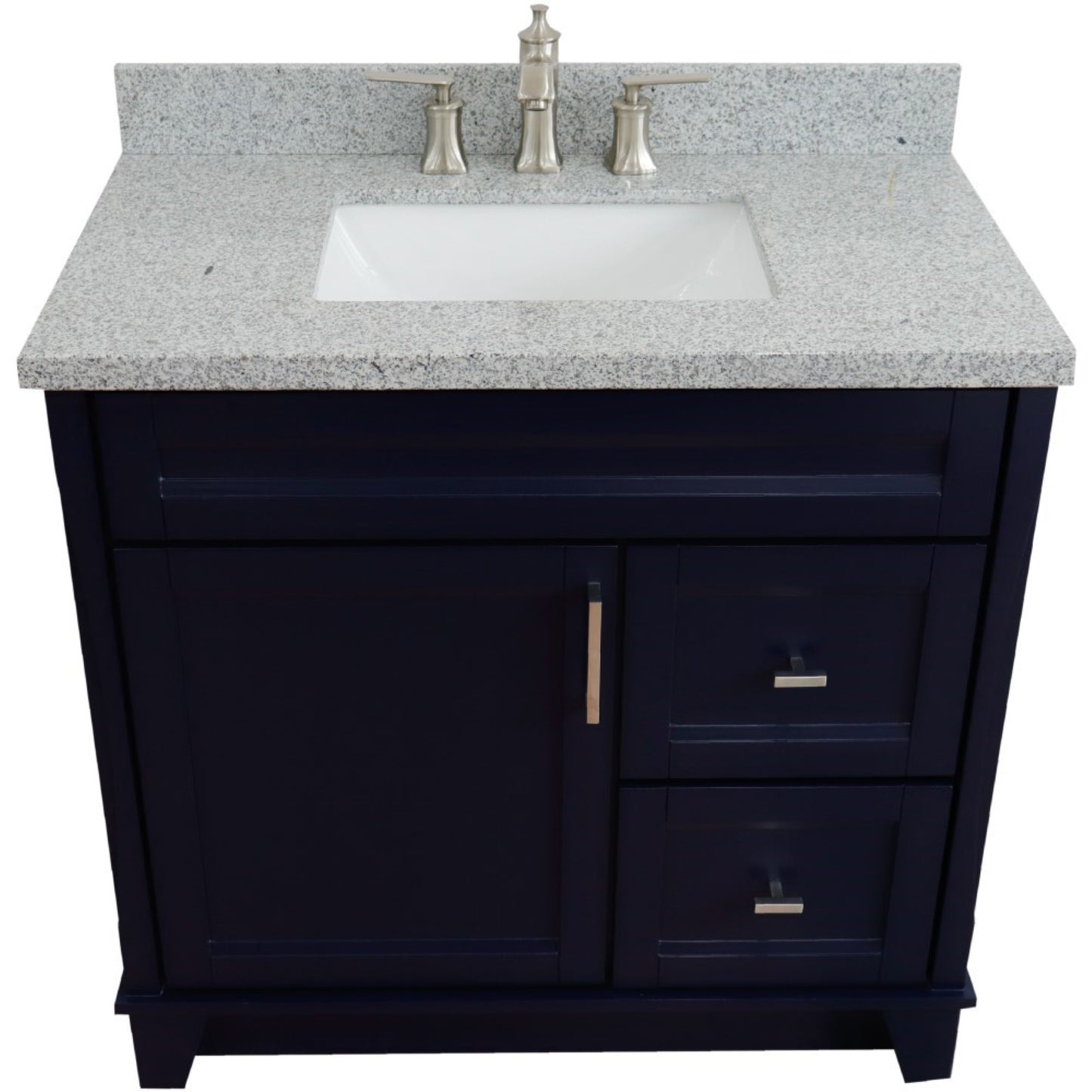 37" Single sink vanity in Blue finish with Gray granite and Left door/Center sink