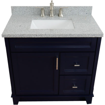 37" Single sink vanity in Blue finish with Gray granite and Left door/Center sink