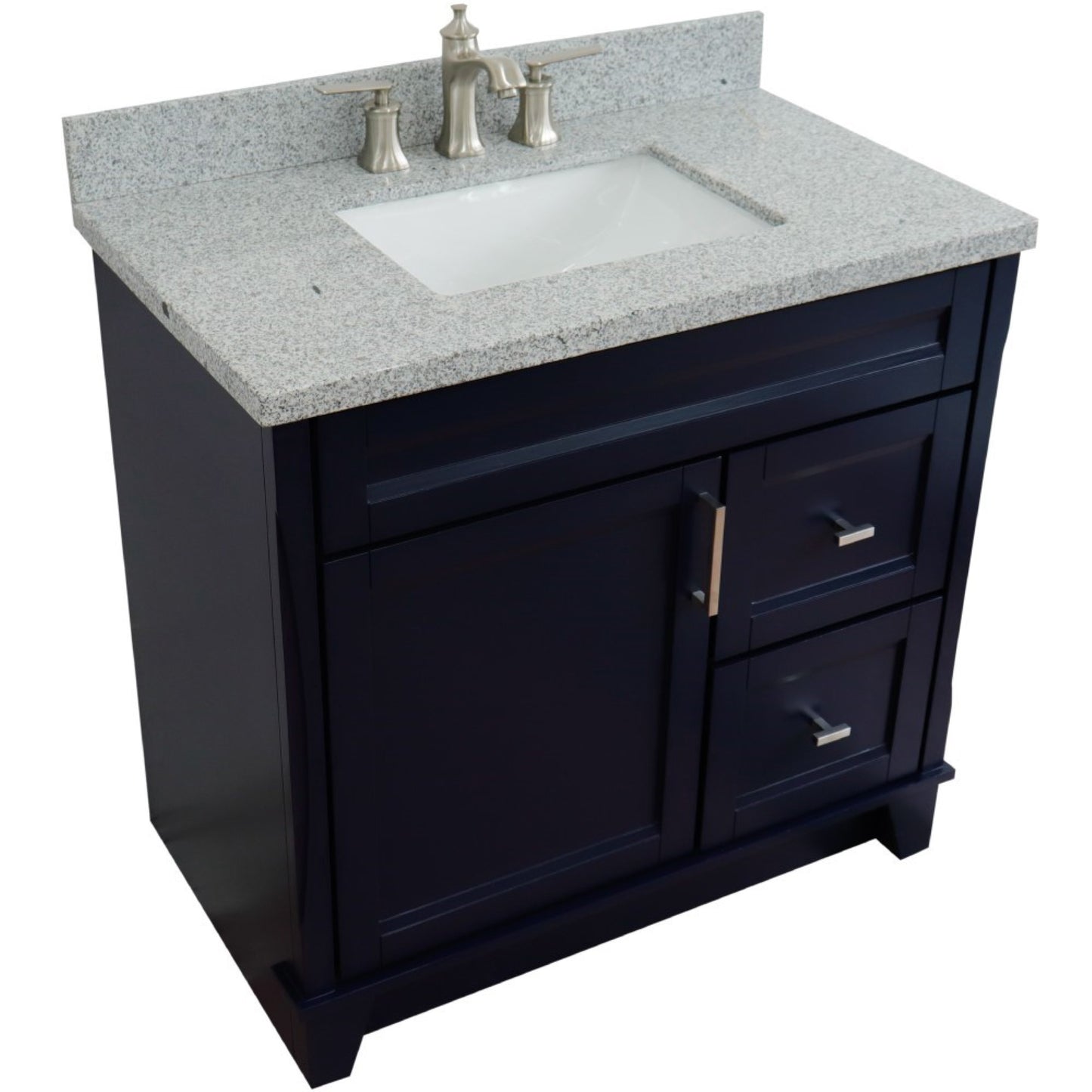 37" Single sink vanity in Blue finish with Gray granite and Left door/Center sink