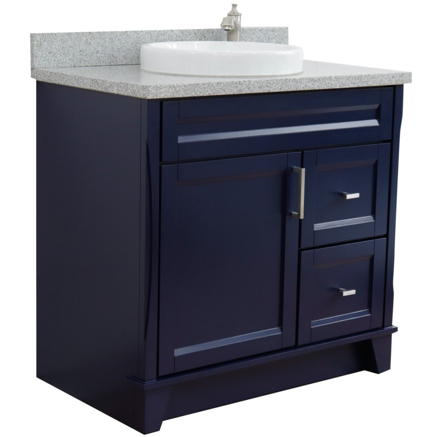 37" Single sink vanity in Blue finish with Gray granite and Left door/Center sink