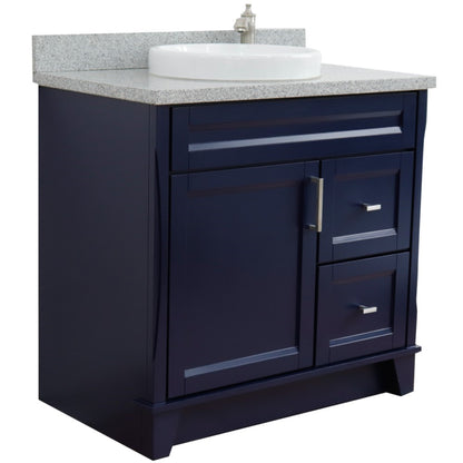 37" Single sink vanity in Blue finish with Gray granite and Left door/Center sink