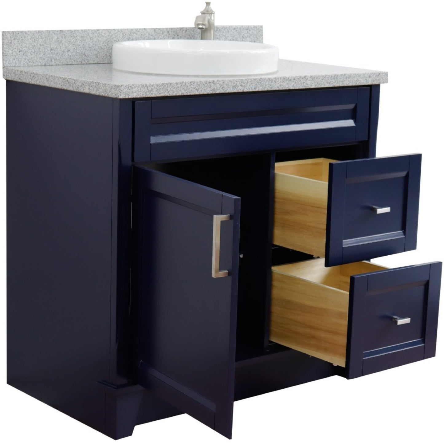 37" Single sink vanity in Blue finish with Gray granite and Left door/Center sink