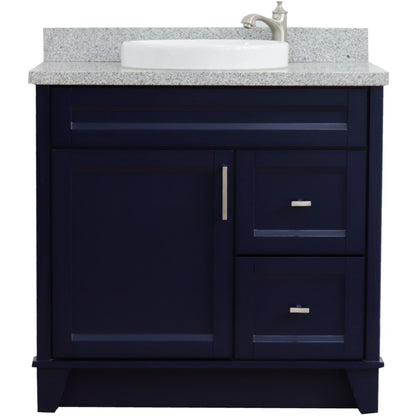 37" Single sink vanity in Blue finish with Gray granite and Left door/Center sink