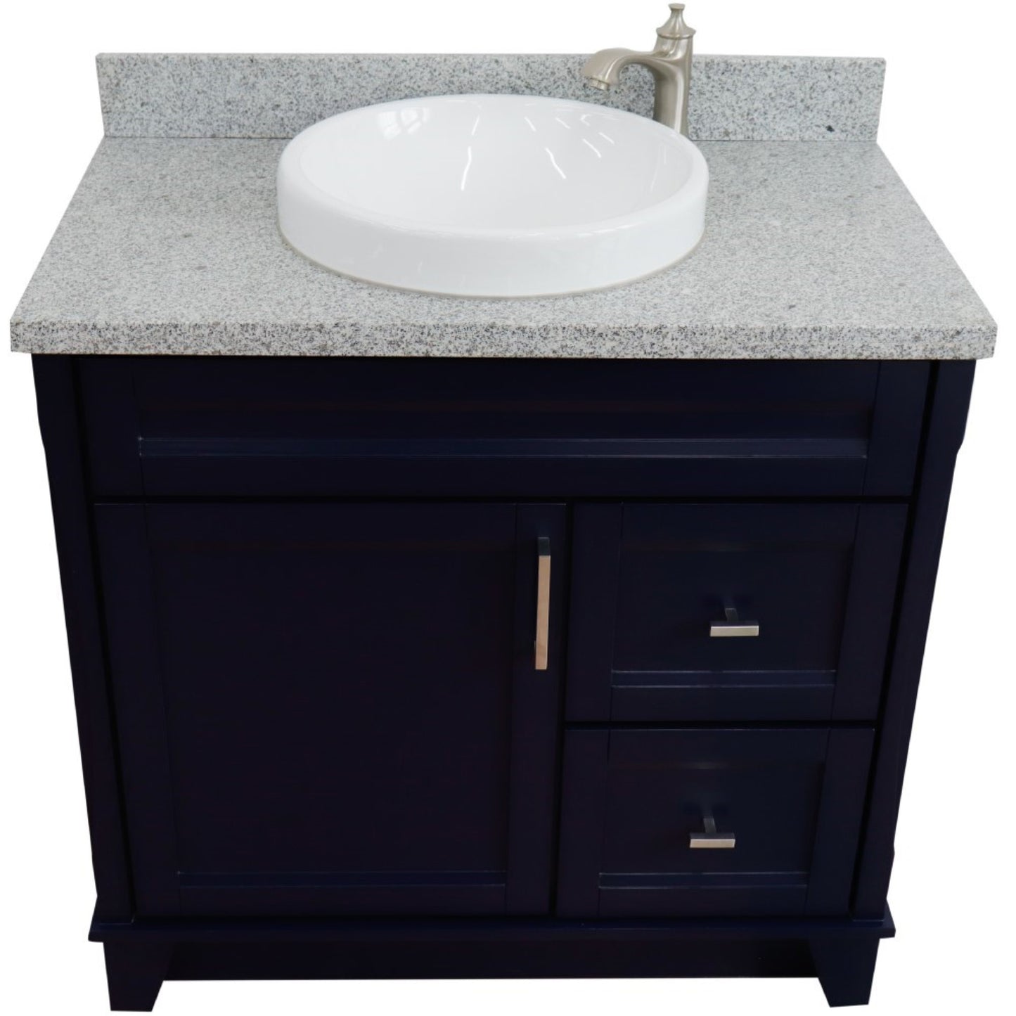 37" Single sink vanity in Blue finish with Gray granite and Left door/Center sink