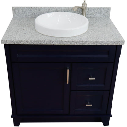 37" Single sink vanity in Blue finish with Gray granite and Left door/Center sink