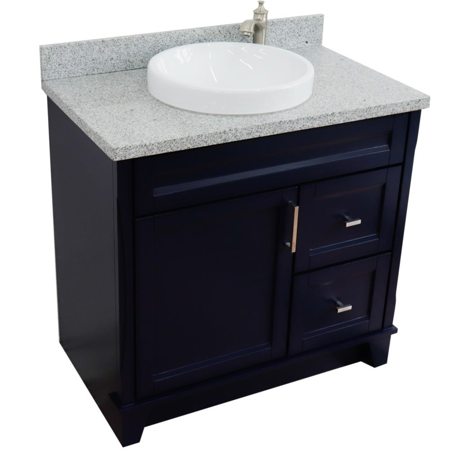 37" Single sink vanity in Blue finish with Gray granite and Left door/Center sink
