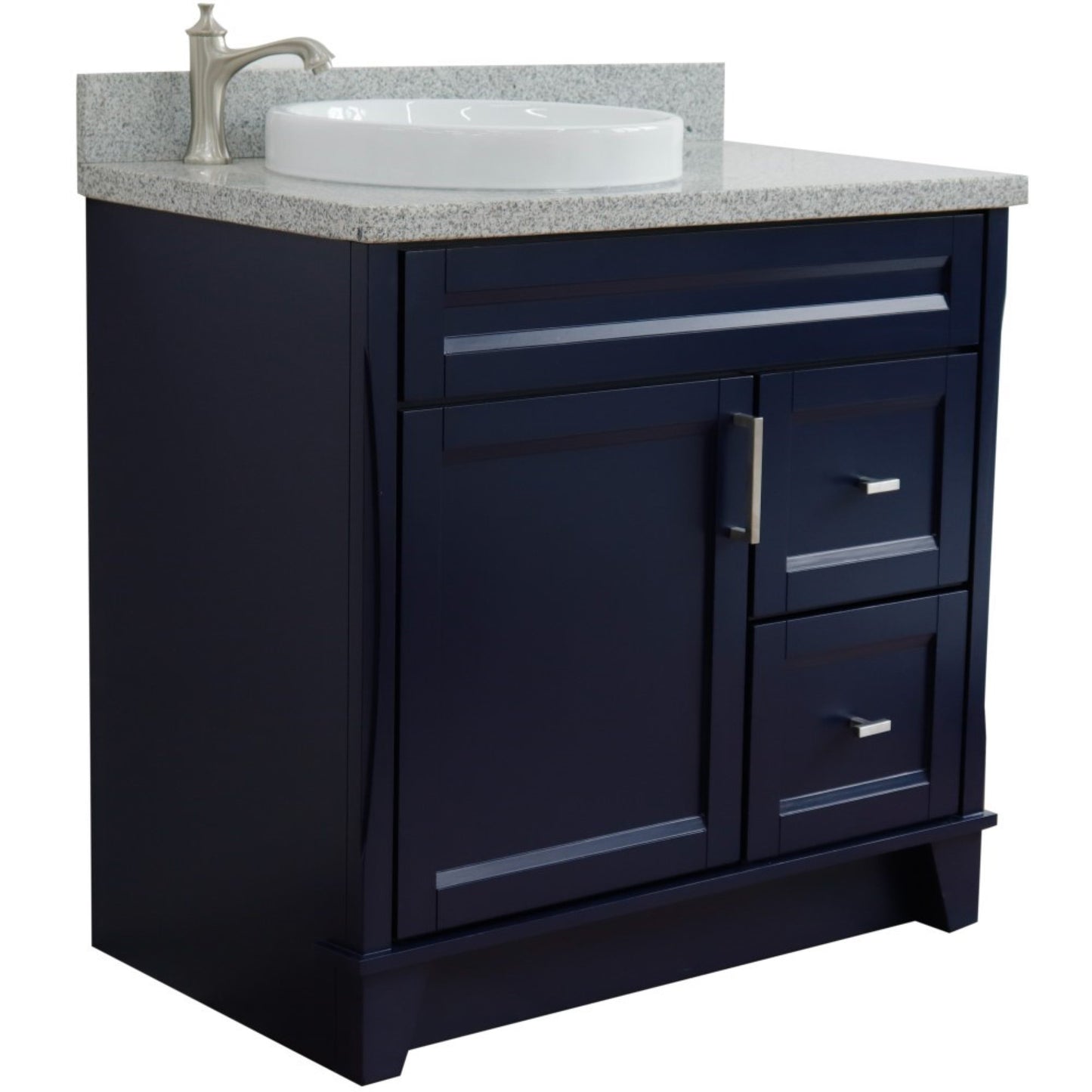 37" Single sink vanity in Blue finish with Gray granite and Left door/Round Left sink