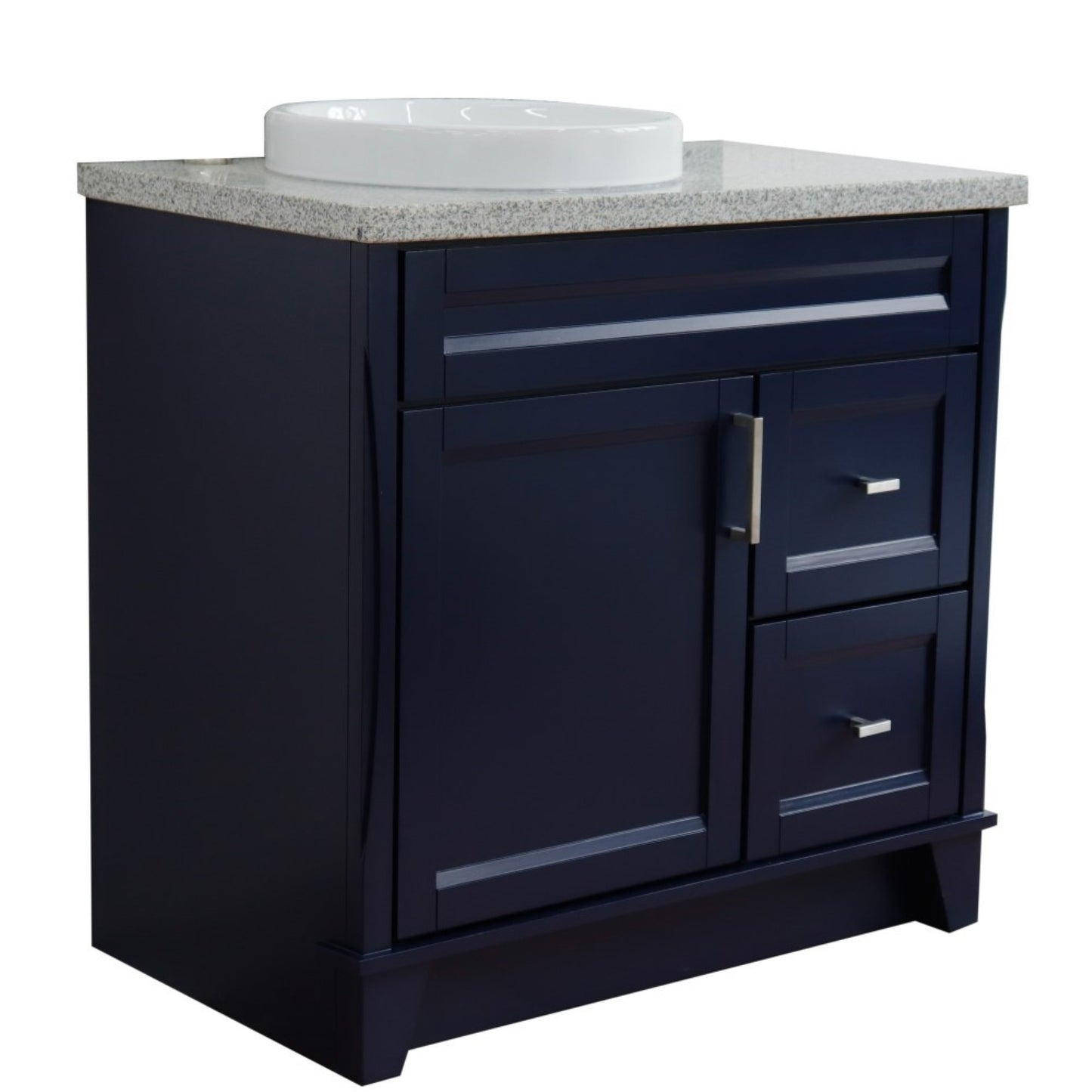 37" Single sink vanity in Blue finish with Gray granite and Left door/Round Left sink