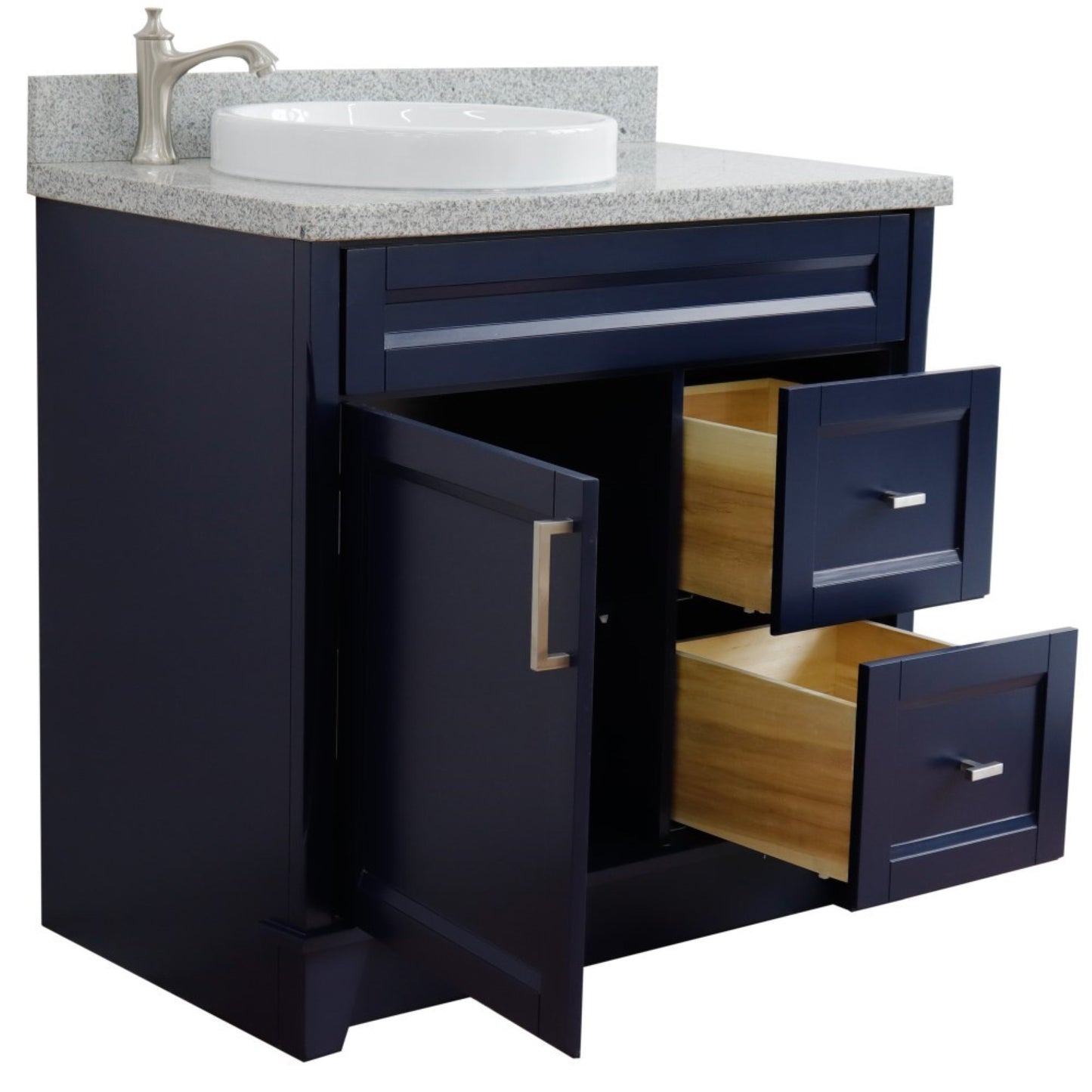 37" Single sink vanity in Blue finish with Gray granite and Left door/Round Left sink