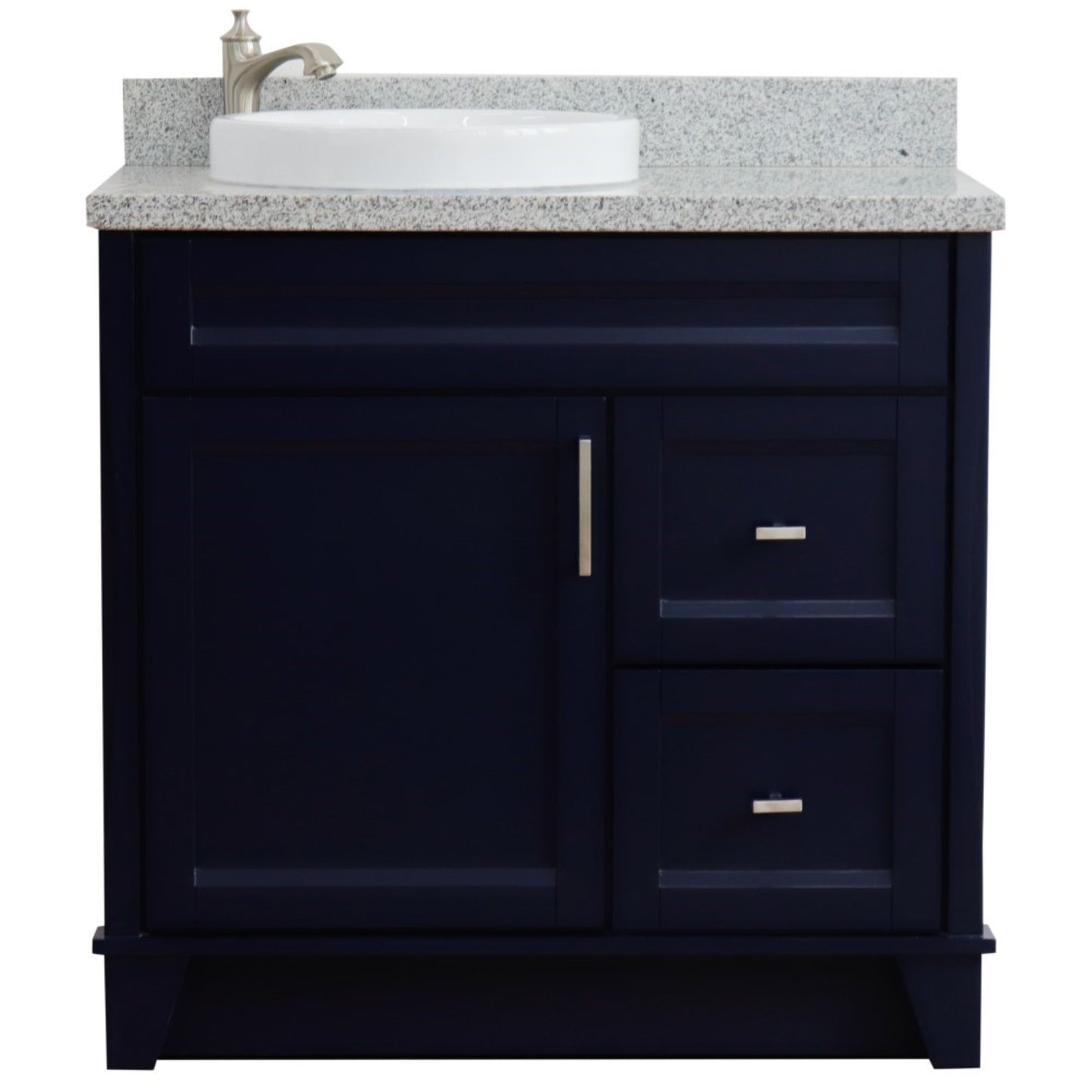 37" Single sink vanity in Blue finish with Gray granite and Left door/Round Left sink