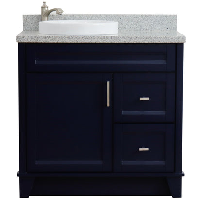 37" Single sink vanity in Blue finish with Gray granite and Left door/Round Left sink
