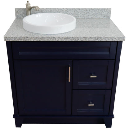 37" Single sink vanity in Blue finish with Gray granite and Left door/Round Left sink