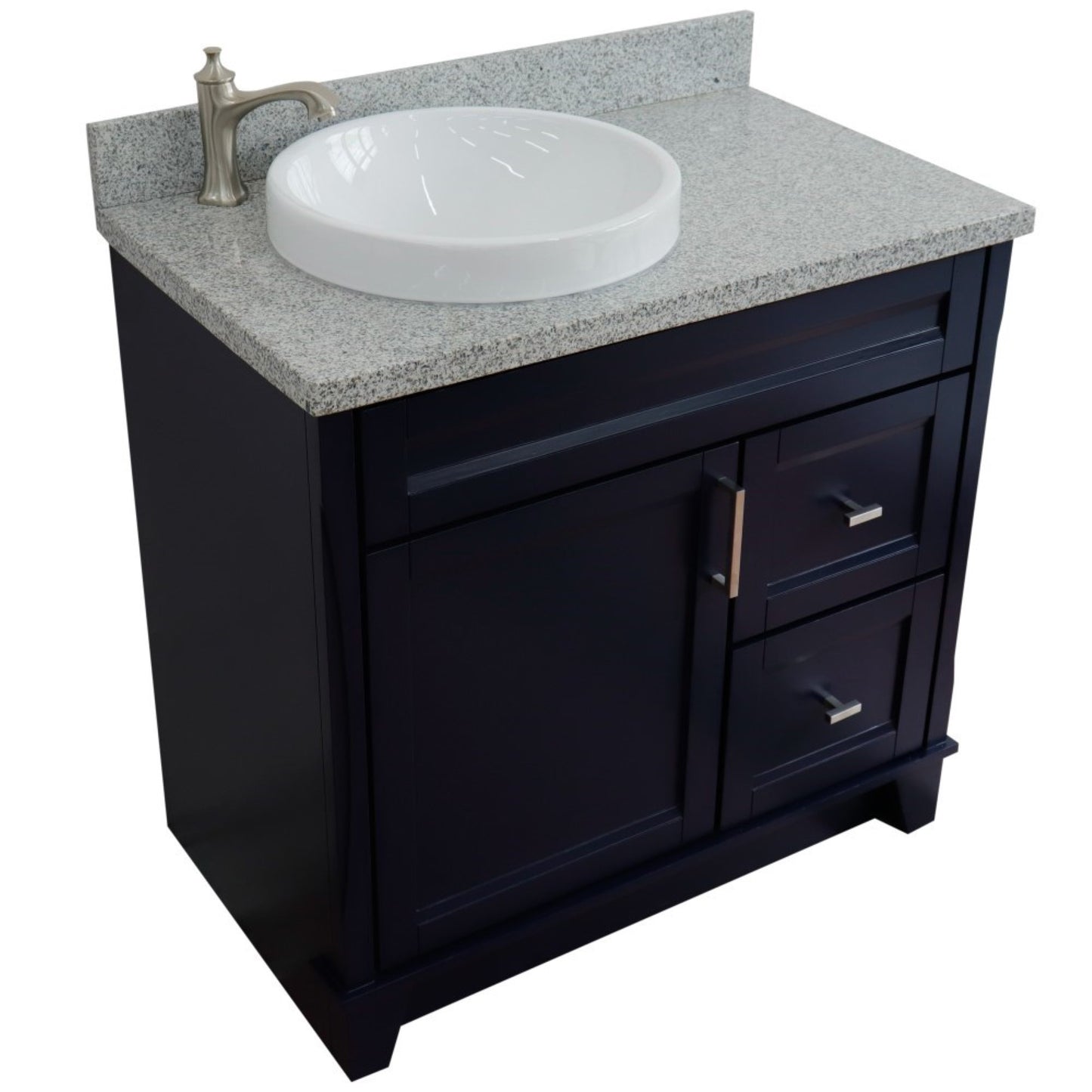 37" Single sink vanity in Blue finish with Gray granite and Left door/Round Left sink