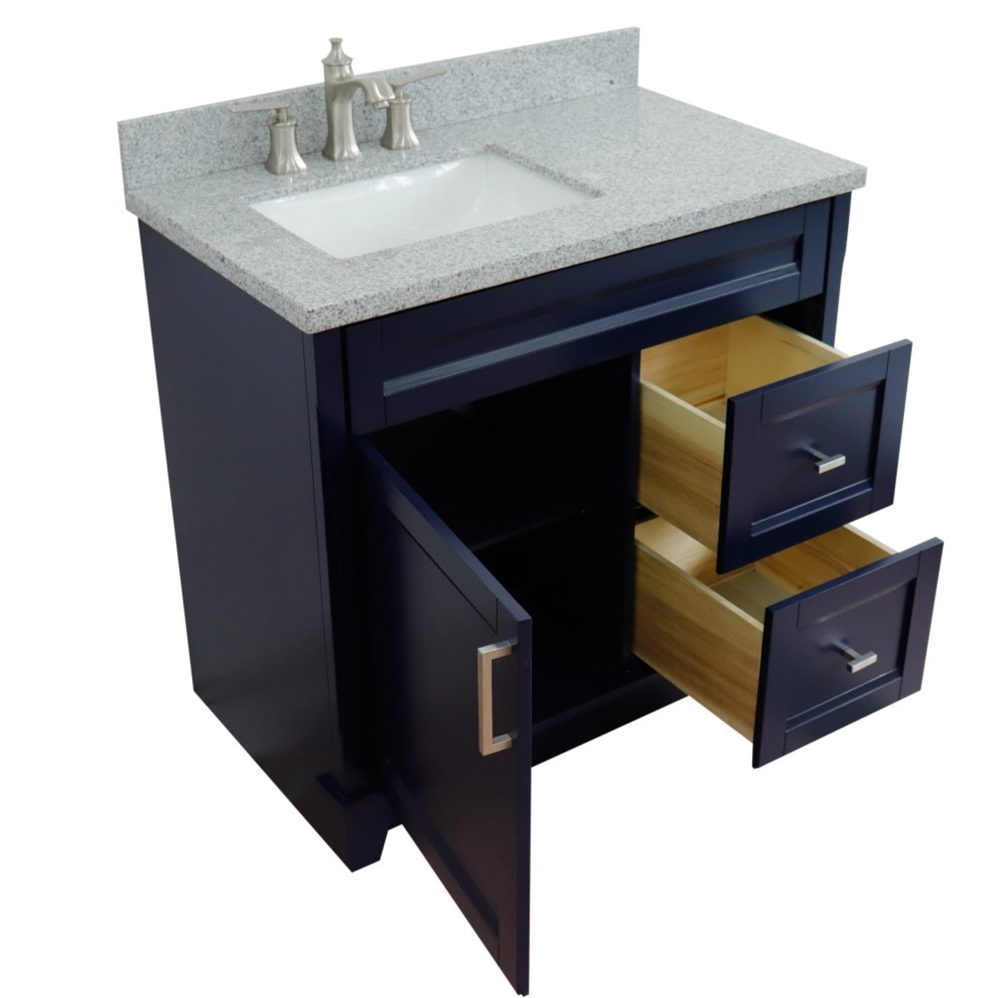 37" Single sink vanity in Blue finish with Gray granite and Left door/Left sink