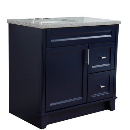37" Single sink vanity in Blue finish with Gray granite and Left door/Left sink