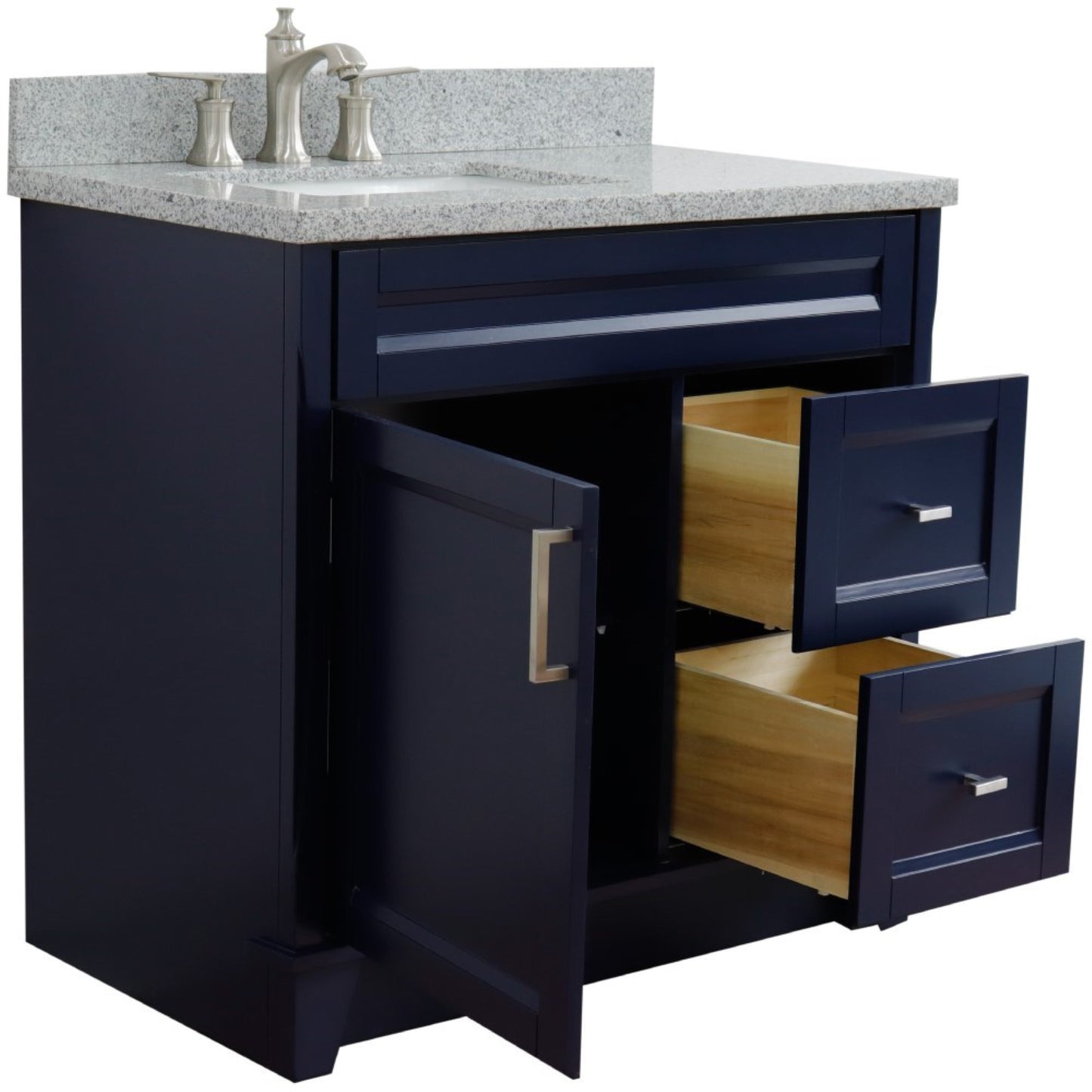 37" Single sink vanity in Blue finish with Gray granite and Left door/Left sink