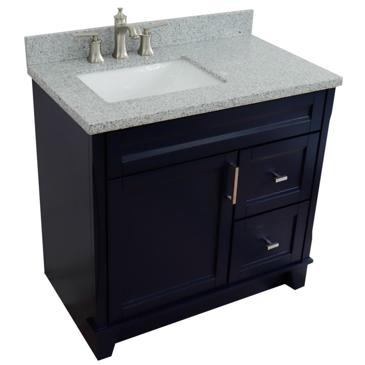 37" Single sink vanity in Blue finish with Gray granite and Left door/Left sink