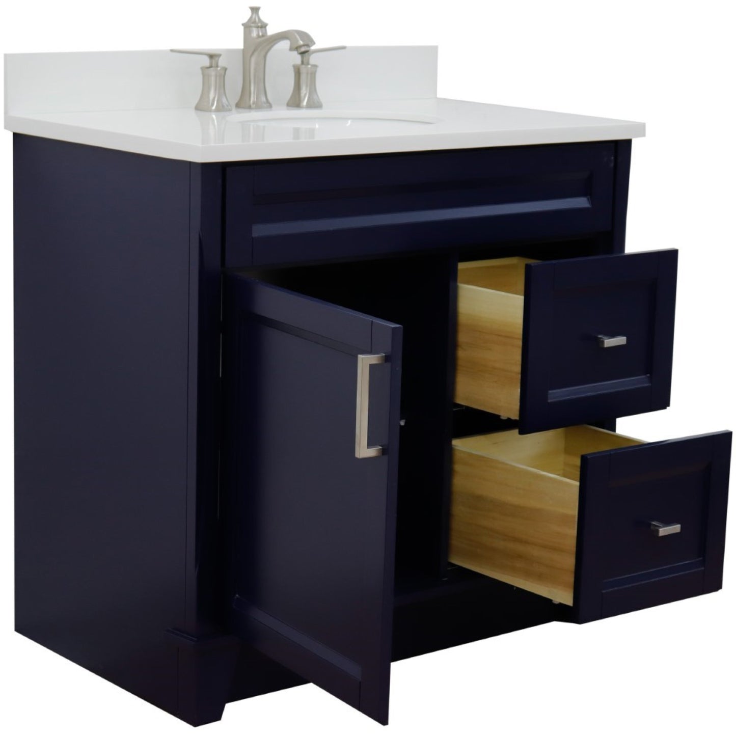 37" Single sink vanity in Blue finish with White engineered stone and Left door/Center sink