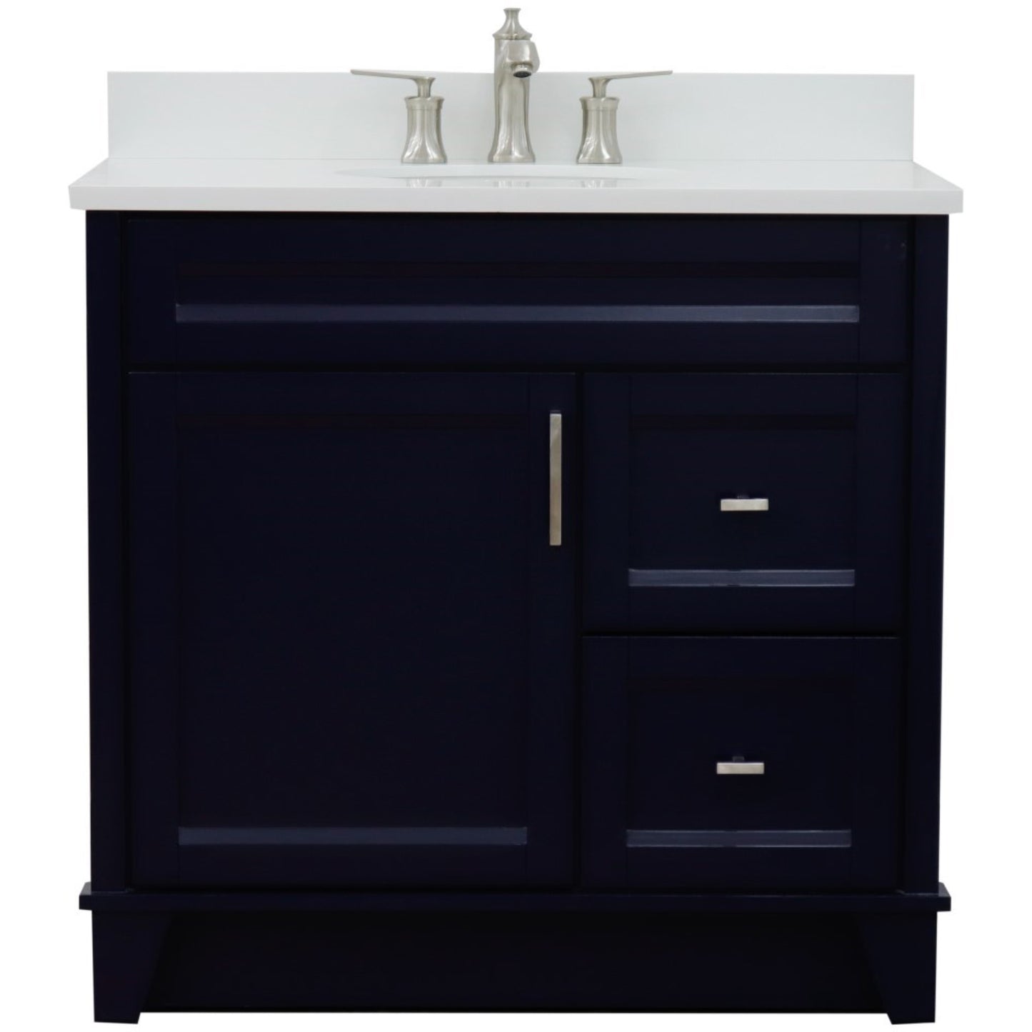 37" Single sink vanity in Blue finish with White engineered stone and Left door/Center sink