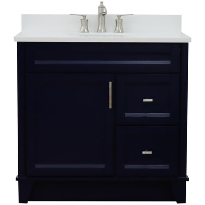 37" Single sink vanity in Blue finish with White engineered stone and Left door/Center sink
