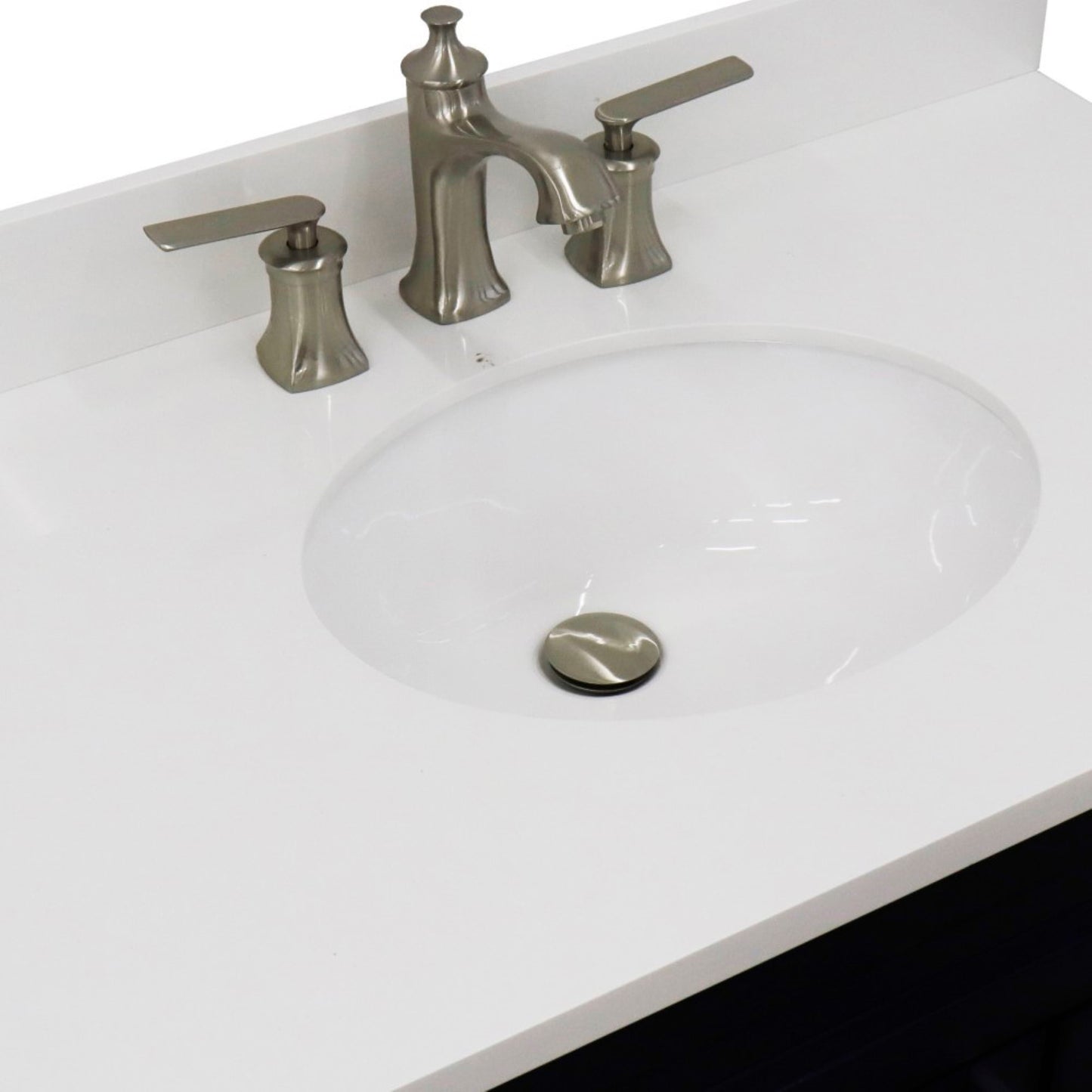 37" Single sink vanity in Blue finish with White engineered stone and Left door/Center sink