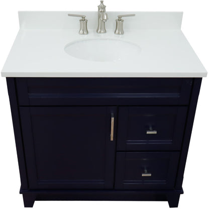 37" Single sink vanity in Blue finish with White engineered stone and Left door/Center sink