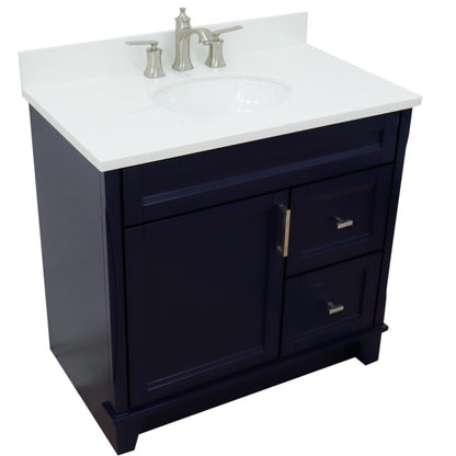 37" Single sink vanity in Blue finish with White engineered stone and Left door/Center sink