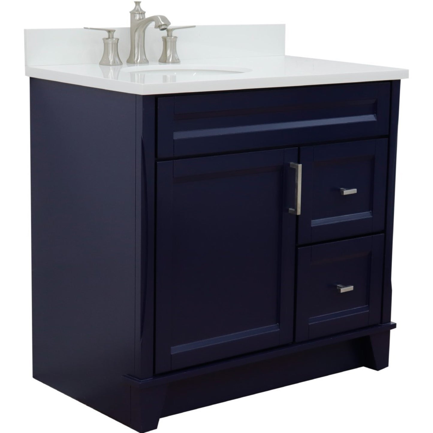 37" Single sink vanity in Blue finish with White engineered stone and Left door/Left sink