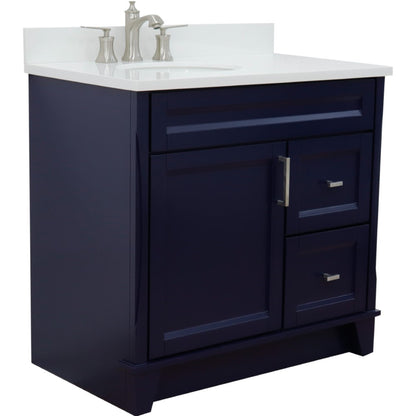 37" Single sink vanity in Blue finish with White engineered stone and Left door/Left sink