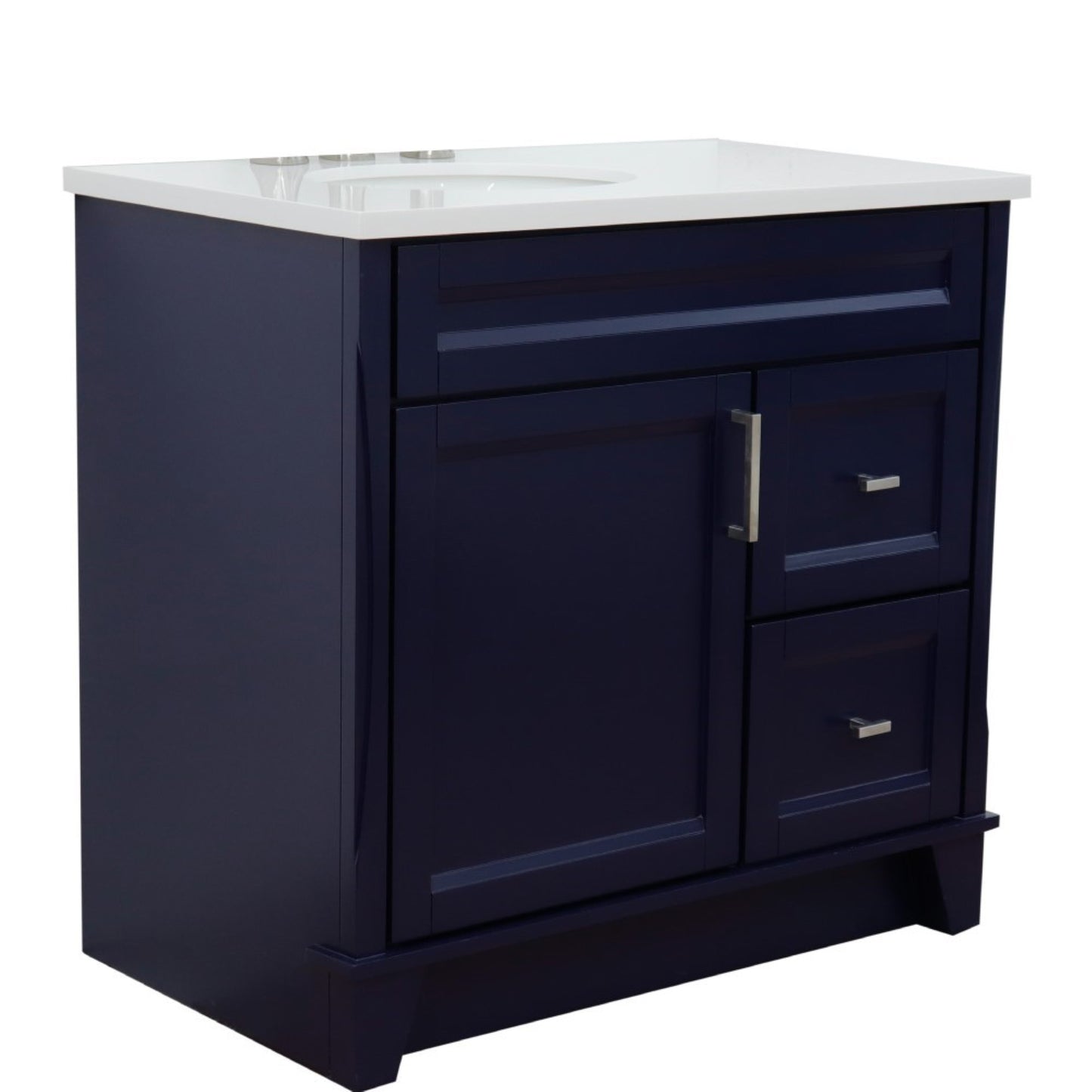 37" Single sink vanity in Blue finish with White engineered stone and Left door/Left sink