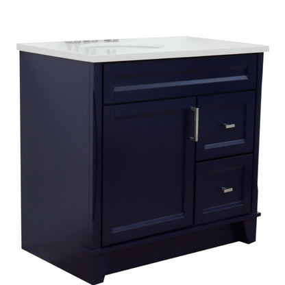37" Single sink vanity in Blue finish with White engineered stone and Left door/Left sink