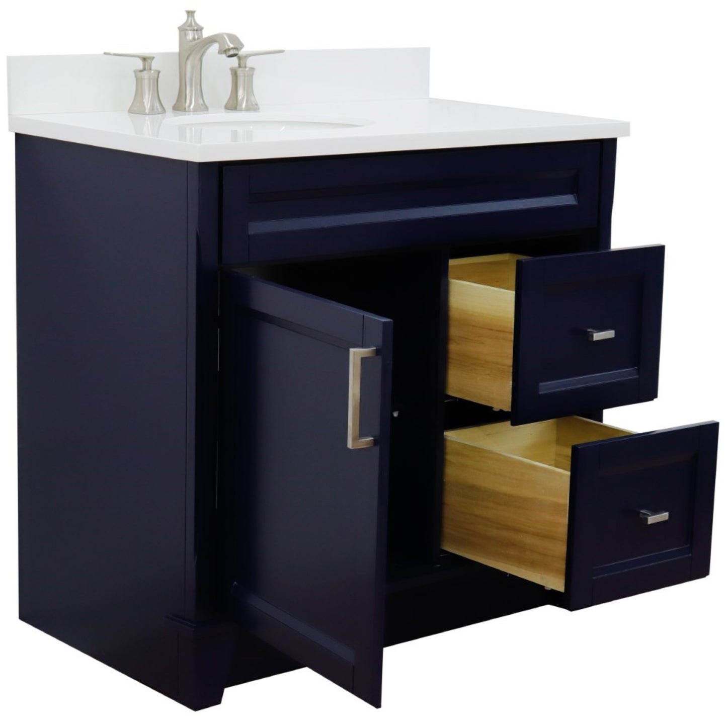 37" Single sink vanity in Blue finish with White engineered stone and Left door/Left sink