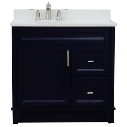 37" Single sink vanity in Blue finish with White engineered stone and Left door/Left sink