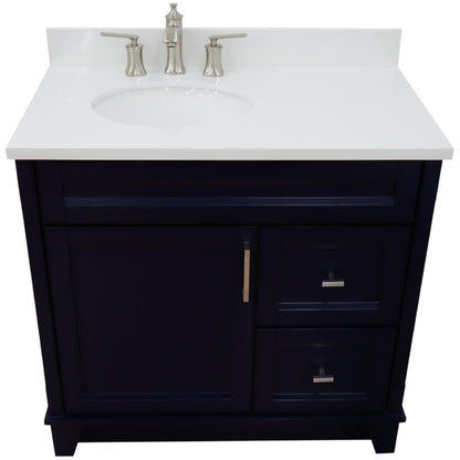 37" Single sink vanity in Blue finish with White engineered stone and Left door/Left sink