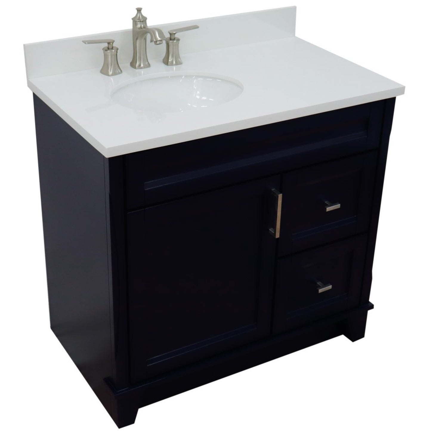 37" Single sink vanity in Blue finish with White engineered stone and Left door/Left sink
