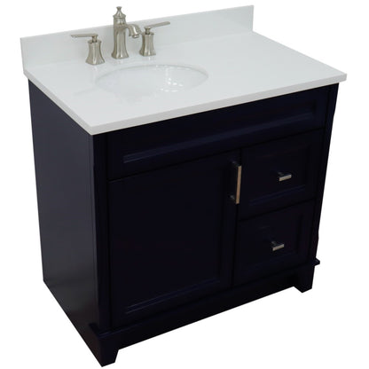 37" Single sink vanity in Blue finish with White engineered stone and Left door/Left sink