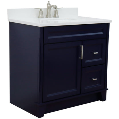 37" Single sink vanity in Blue finish with White engineered stone and Left door/Center sink