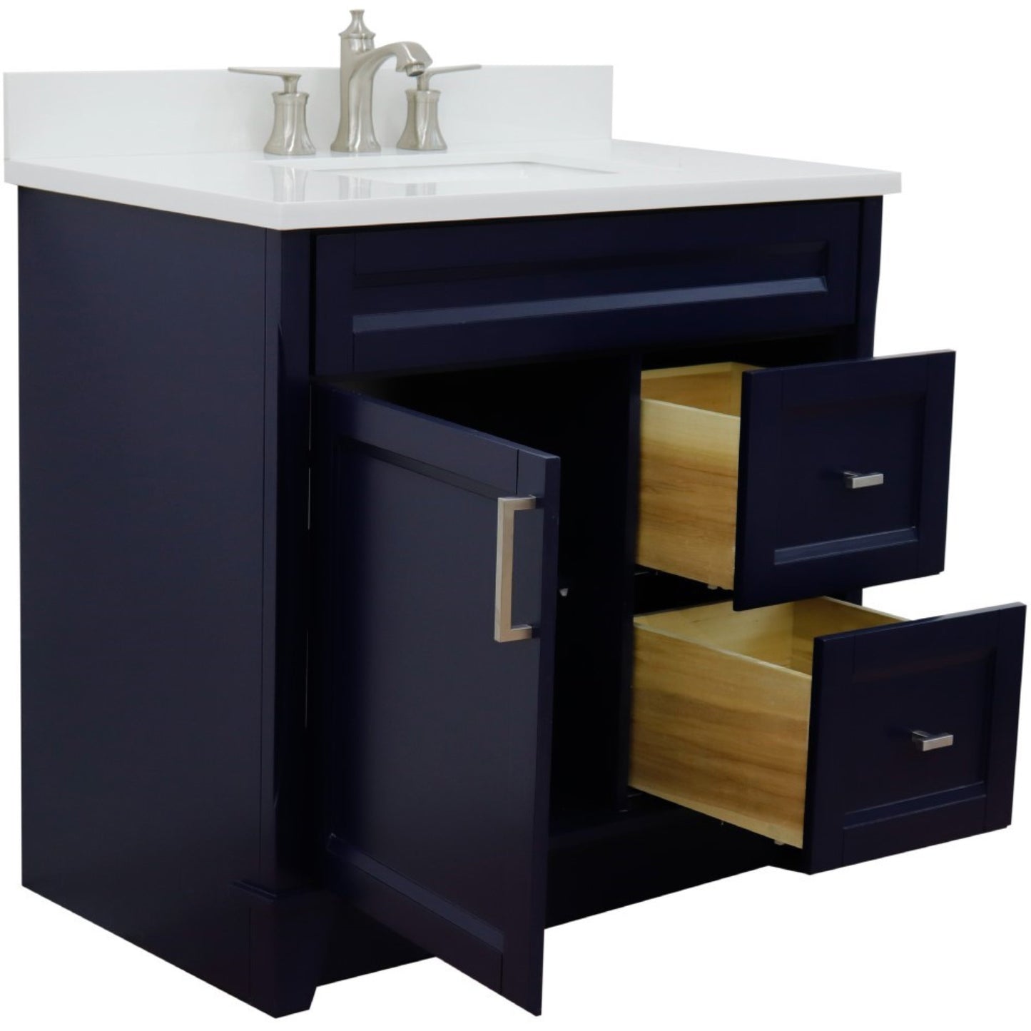 37" Single sink vanity in Blue finish with White engineered stone and Left door/Center sink