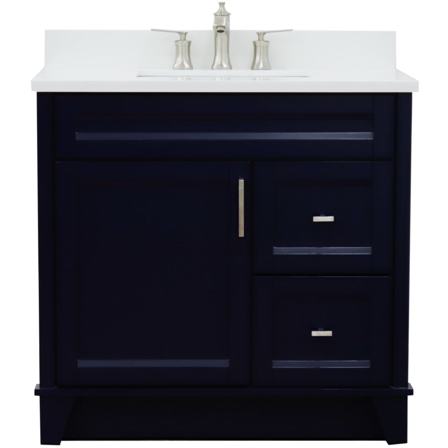37" Single sink vanity in Blue finish with White engineered stone and Left door/Center sink