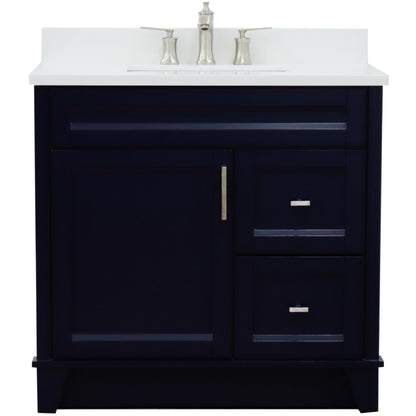 37" Single sink vanity in Blue finish with White engineered stone and Left door/Center sink