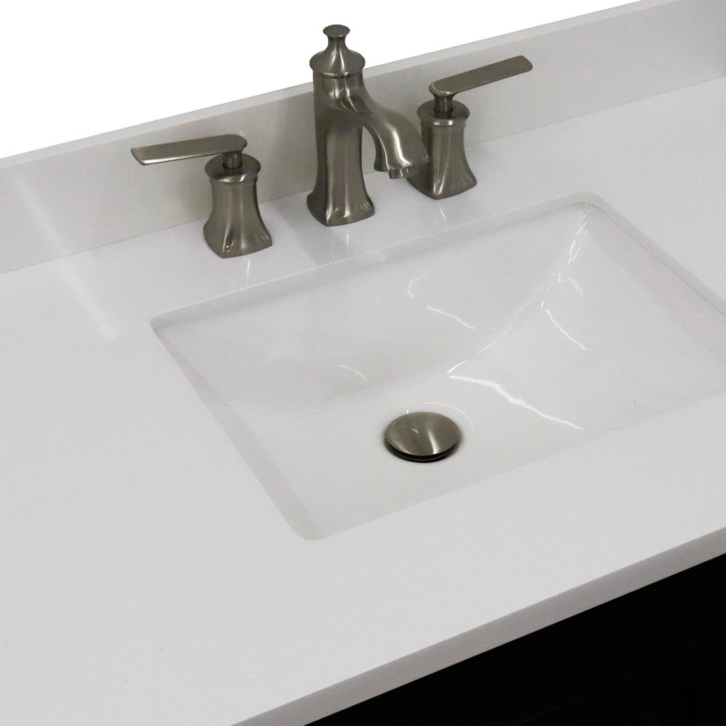 37" Single sink vanity in Blue finish with White engineered stone and Left door/Center sink