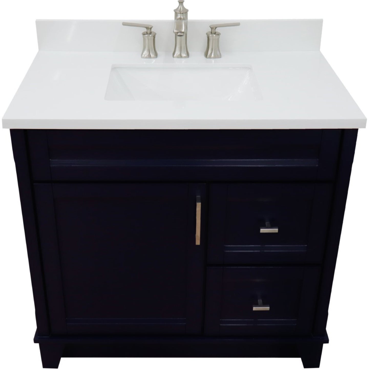 37" Single sink vanity in Blue finish with White engineered stone and Left door/Center sink