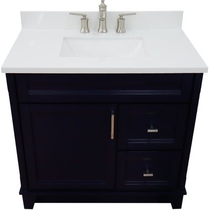 37" Single sink vanity in Blue finish with White engineered stone and Left door/Center sink