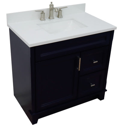 37" Single sink vanity in Blue finish with White engineered stone and Left door/Center sink