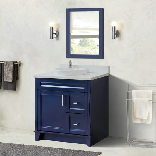 37" Single sink vanity in Blue finish with White engineered stone and Left door/Round Center sink