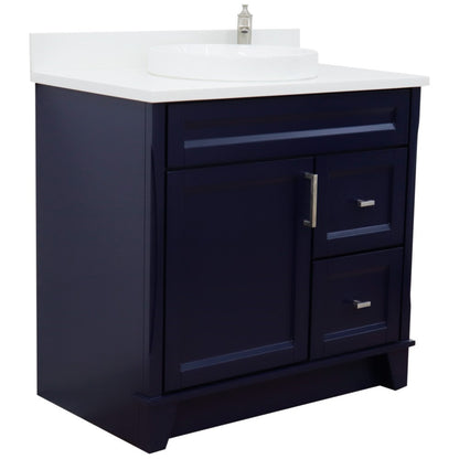 37" Single sink vanity in Blue finish with White engineered stone and Left door/Round Center sink